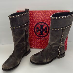 Women’s Tory Burch mid-shaft Boot-Distressed Suede, brown/grey, Size 9.5